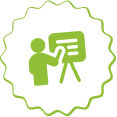 A green badge with a man holding a whiteboard advertising